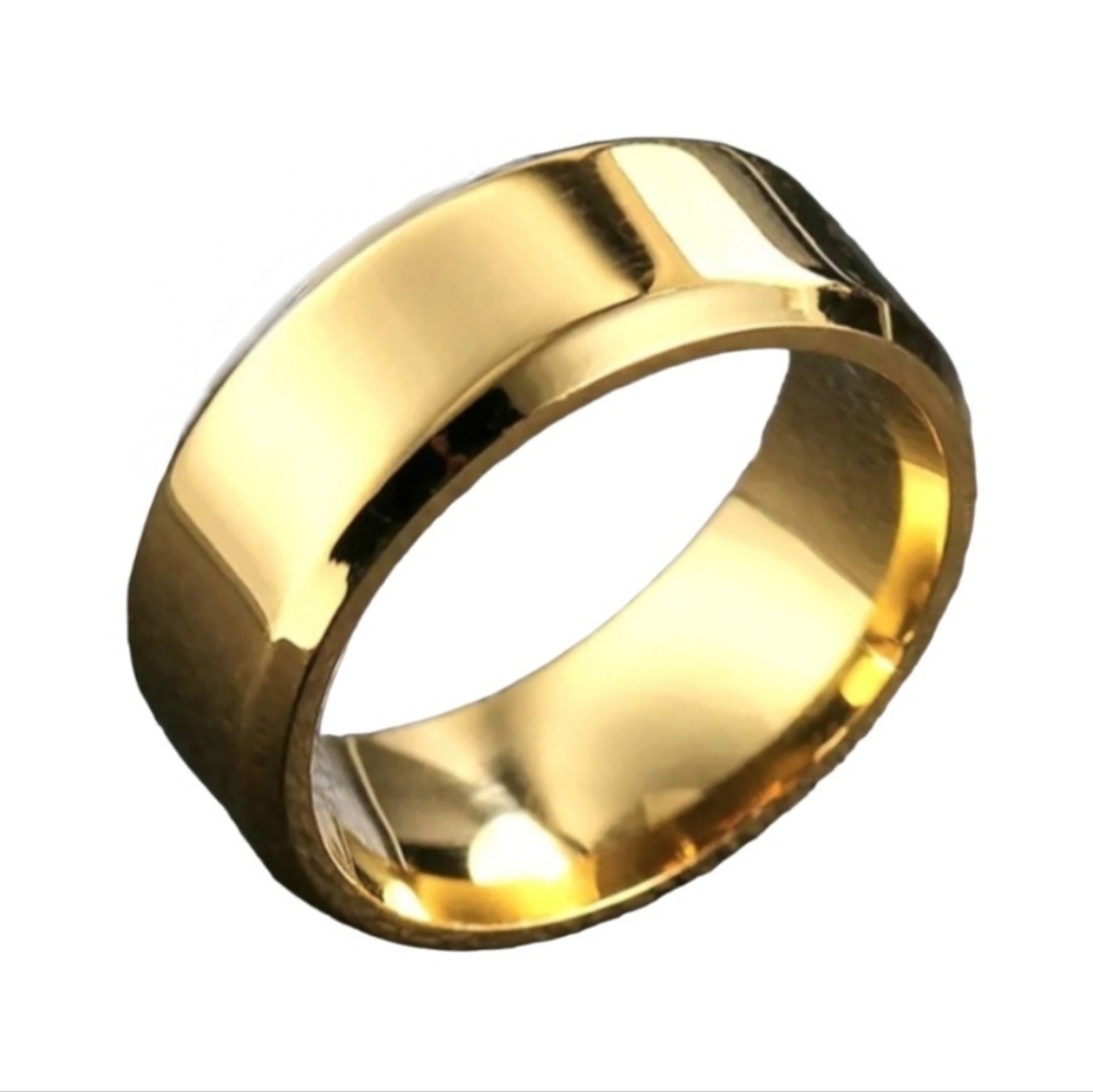 Gold Stainless Steel Beveled Edge 8mm Band Glossy Lightweight Comfy Ring